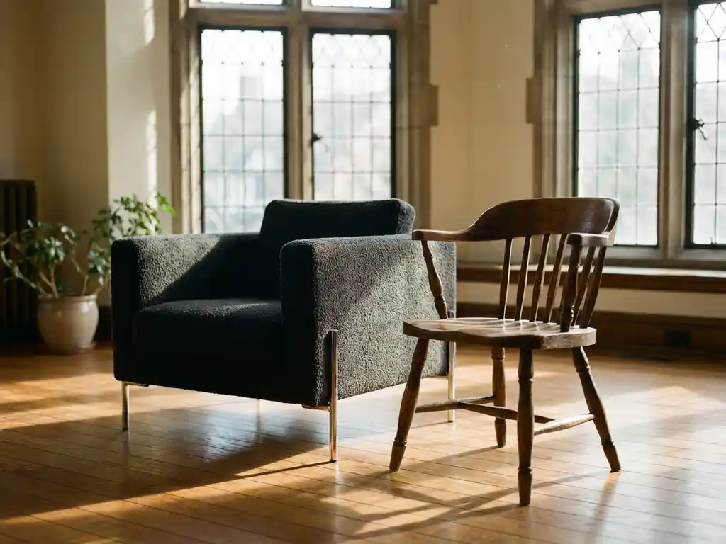 Modern armchair and traditional wooden chair in sunlit room with polished hardwood floors and natural lighting.