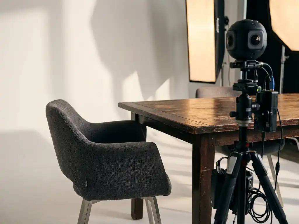Modern armchair next to vintage wooden dining table in professional photography studio with 360-degree camera rig