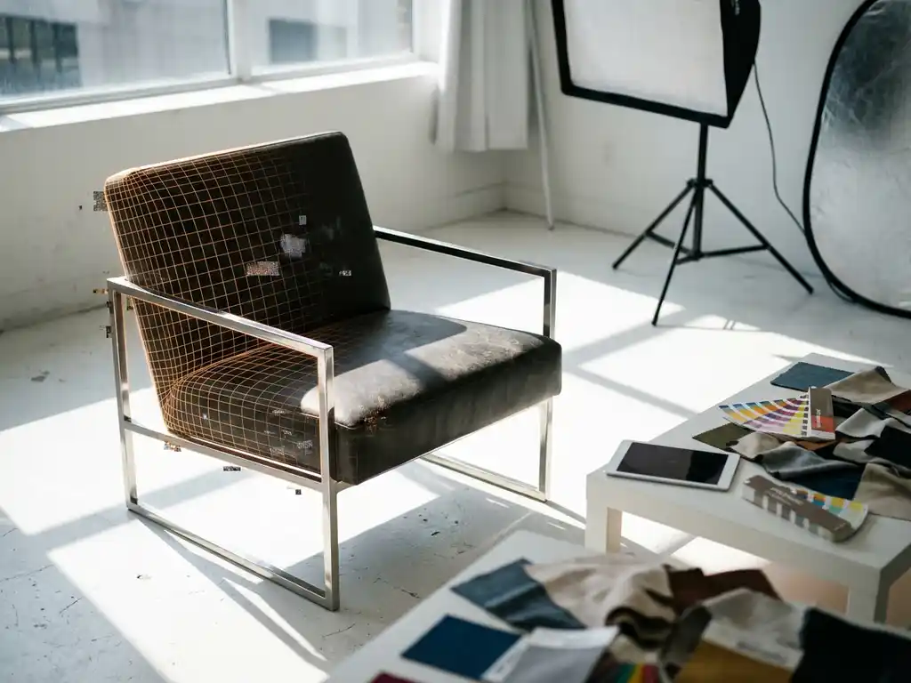 Modern armchair with wireframe mesh overlay in minimalist studio with dramatic lighting and fabric swatches on nearby table.