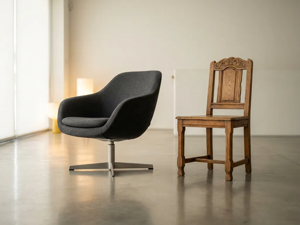 Modern armchair and traditional wooden chair in elegant showroom with polished concrete floors and studio lighting.