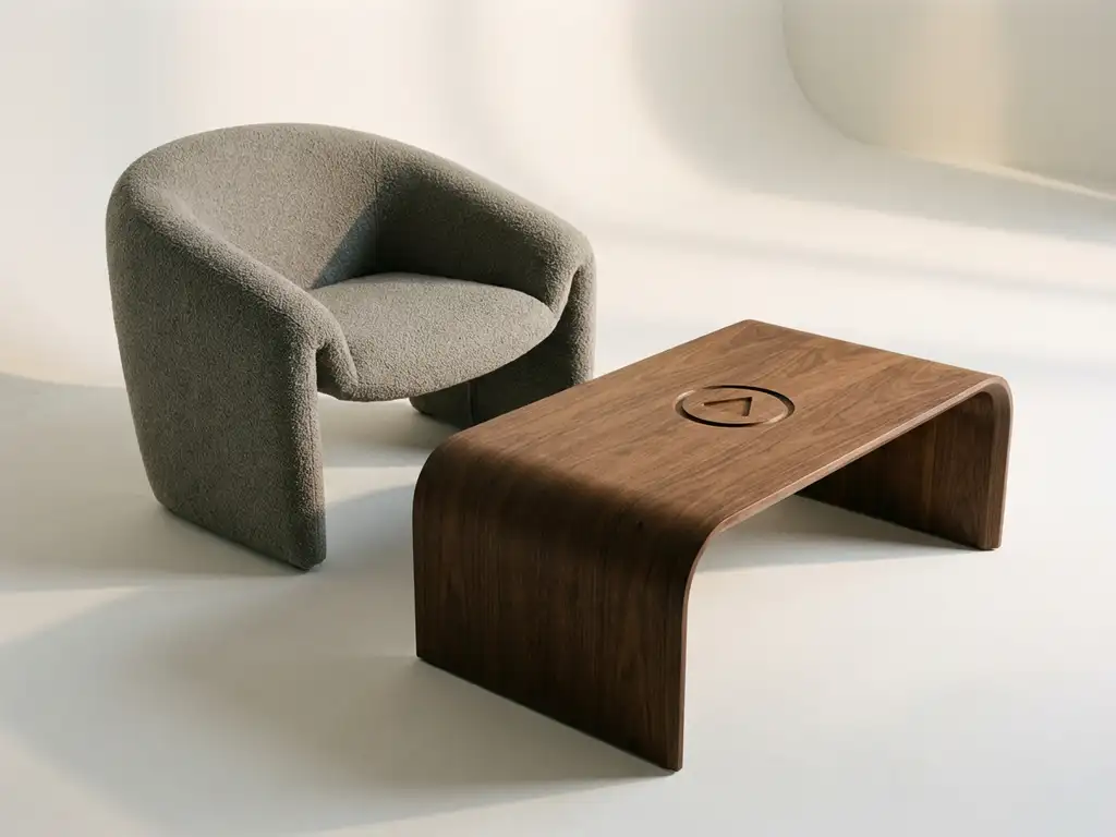 Modern armchair next to curved wooden coffee table with play button, 3D rendered with realistic textures on white background