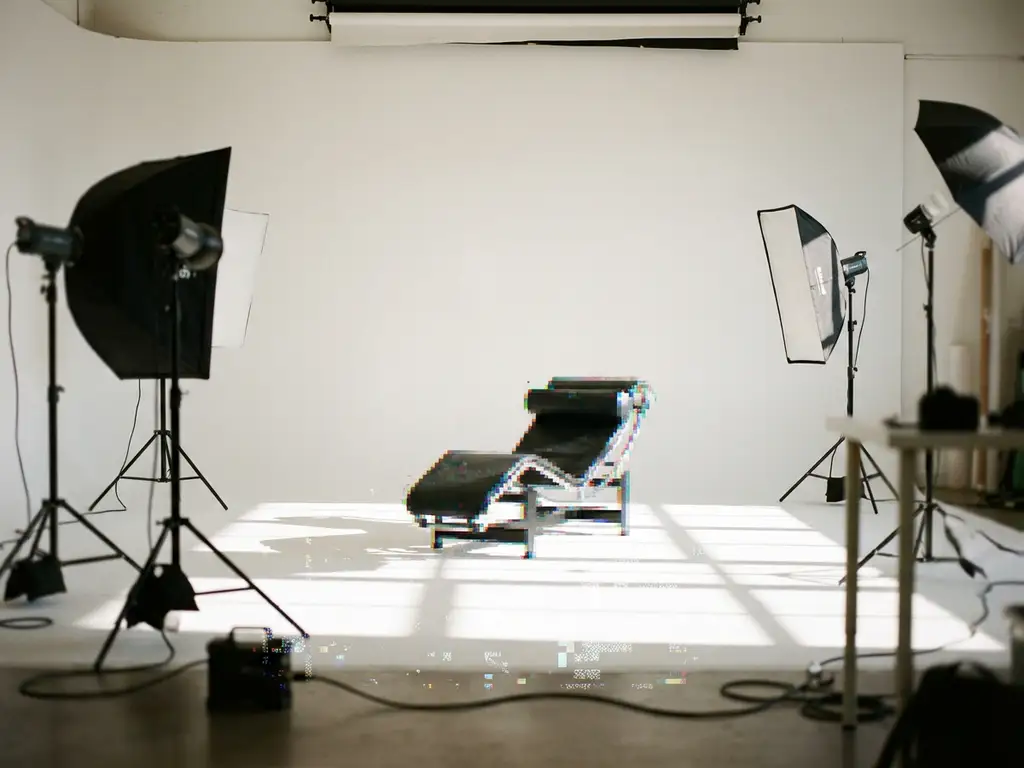 Modern chair with pixelated distortions and blurred edges in bright photography studio with professional lighting equipment