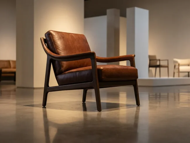 Modern leather armchair with detailed stitching in minimalist showroom with polished concrete floors and studio lighting.