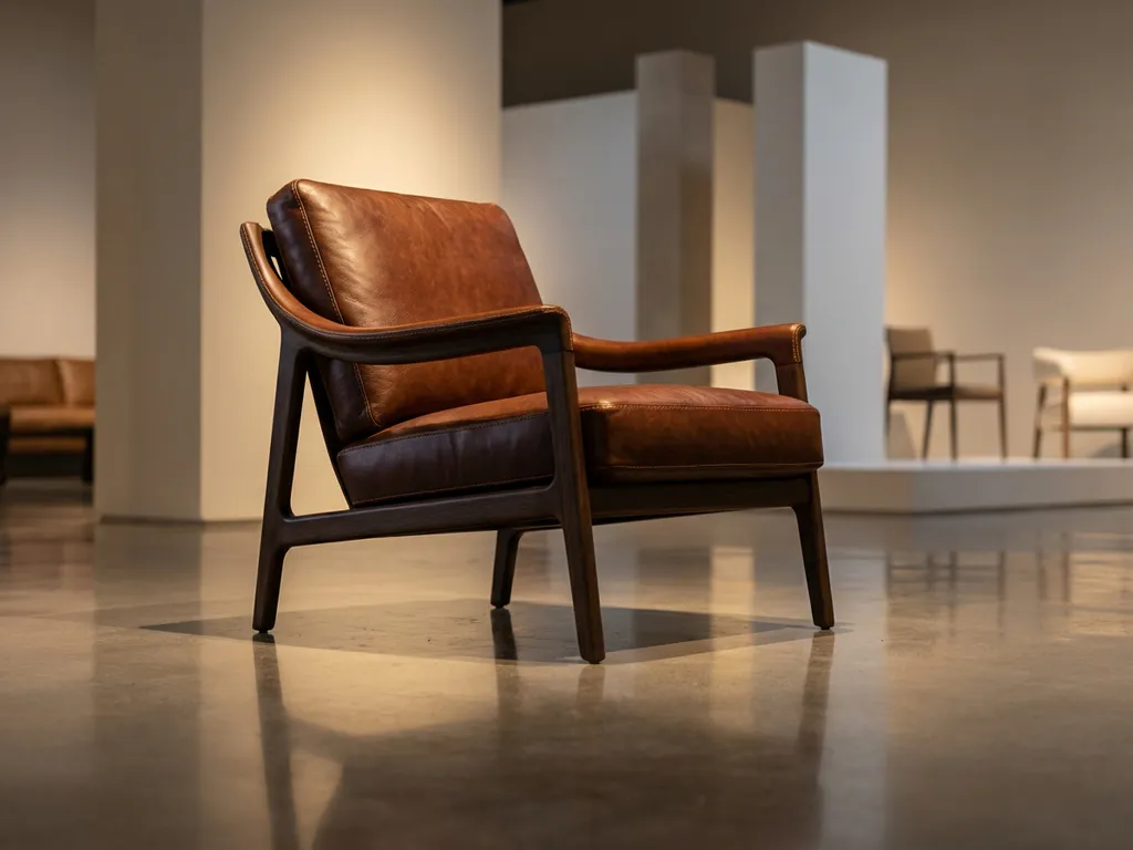 Modern leather armchair with detailed stitching in minimalist showroom with polished concrete floors and studio lighting.