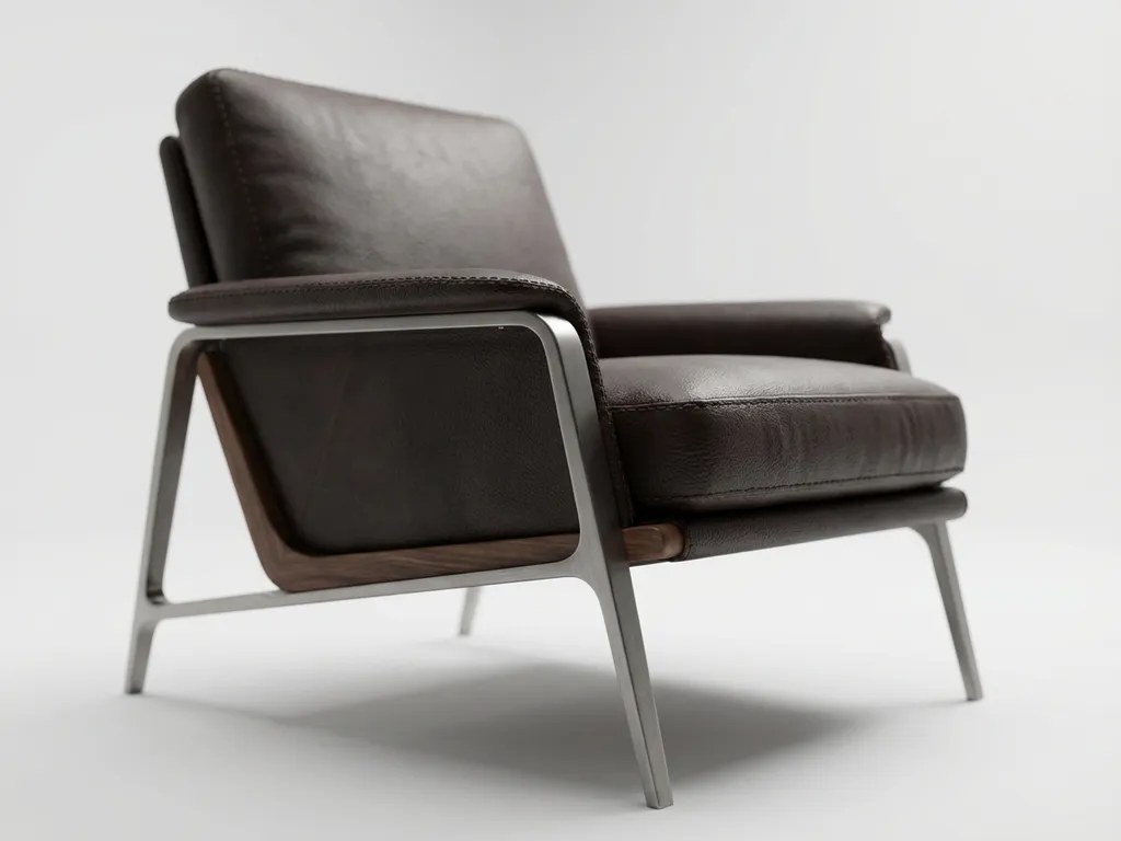 Modern leather armchair with detailed stitching in minimalist studio with professional lighting and white backdrop.