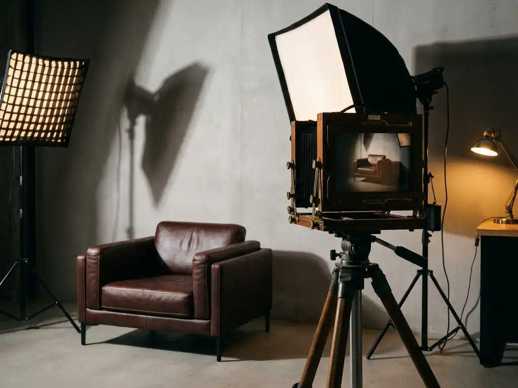 Modern leather armchair with detailed stitching next to vintage camera on tripod in minimalist photography studio