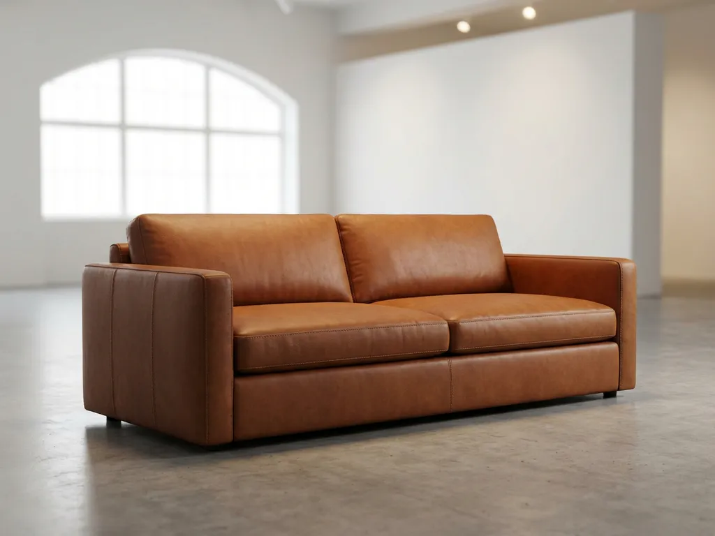 Modern leather sofa with detailed stitching in minimalist showroom with professional studio lighting and white background.