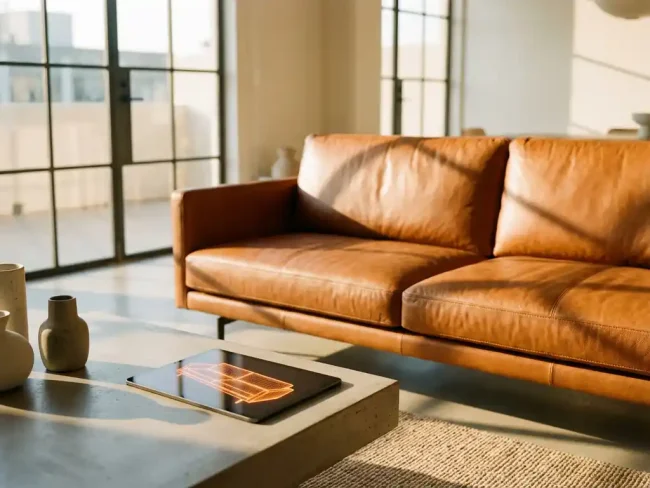 Modern leather sofa in bright minimalist living room with tablet showing 3D wireframe model on coffee table