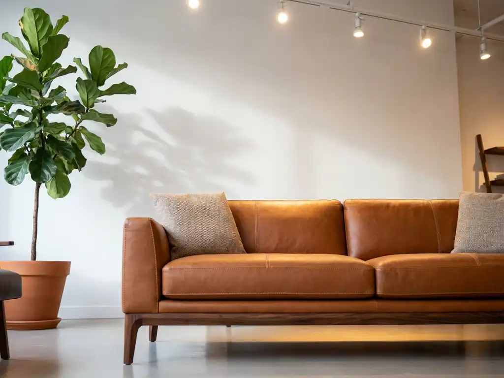 Modern leather sofa with wooden legs in contemporary showroom with potted plant and professional lighting