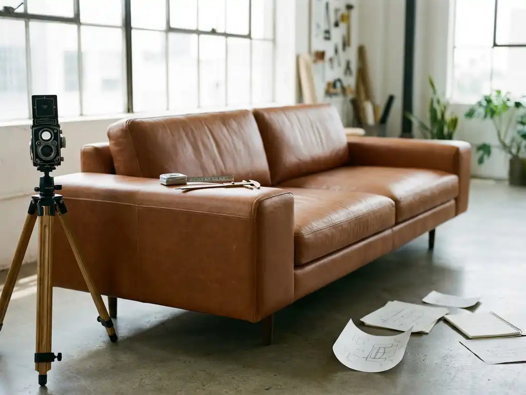 Modern leather sofa in minimalist studio with measurement tools, professional camera setup, and natural lighting