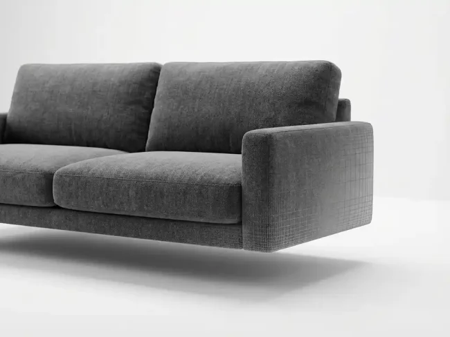 Modern charcoal fabric sofa with detailed weave texture in white studio setting with soft lighting and wireframe elements
