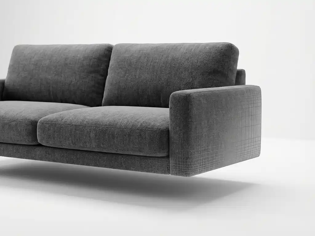 Modern charcoal fabric sofa with detailed weave texture in white studio setting with soft lighting and wireframe elements