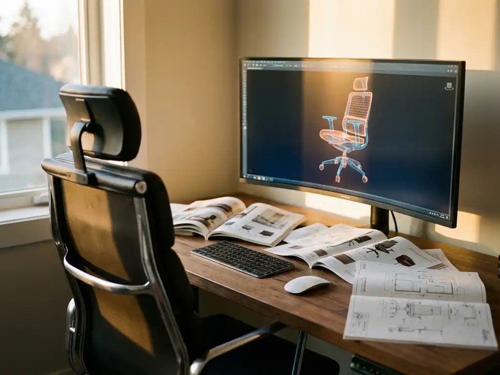 Modern office chair beside computer monitor displaying 3D wireframe model, with furniture catalogs and drawings on wooden desk