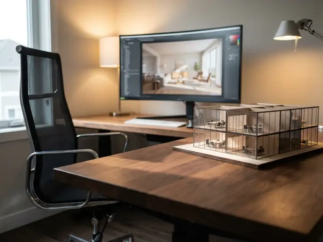 Modern office chair beside architectural desk model with miniature furniture, computer monitor showing 3D living room design