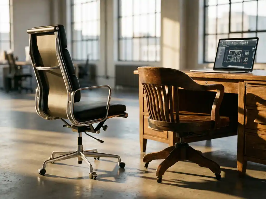 Modern office chair and wooden desk chair in sunlit workspace with laptop displaying CAD software on polished concrete floor