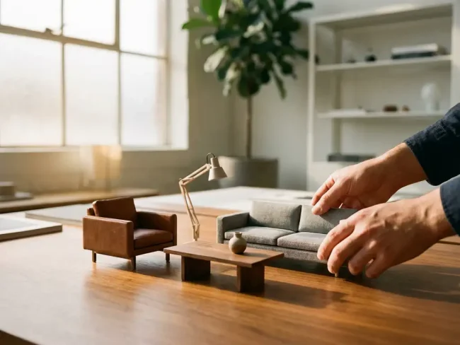 Designer's hands adjusting miniature furniture models on modern office desk including mid-century leather chair and wooden table