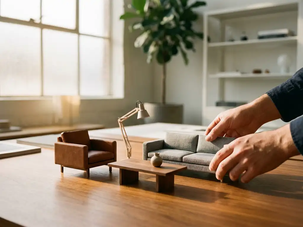 Designer's hands adjusting miniature furniture models on modern office desk including mid-century leather chair and wooden table
