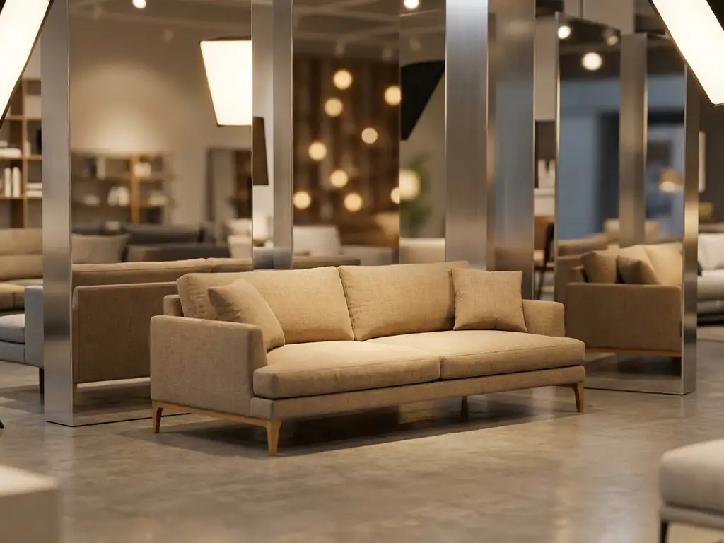 Modern sofa with wooden legs displayed in contemporary furniture showroom with mirrors and warm ambient lighting.