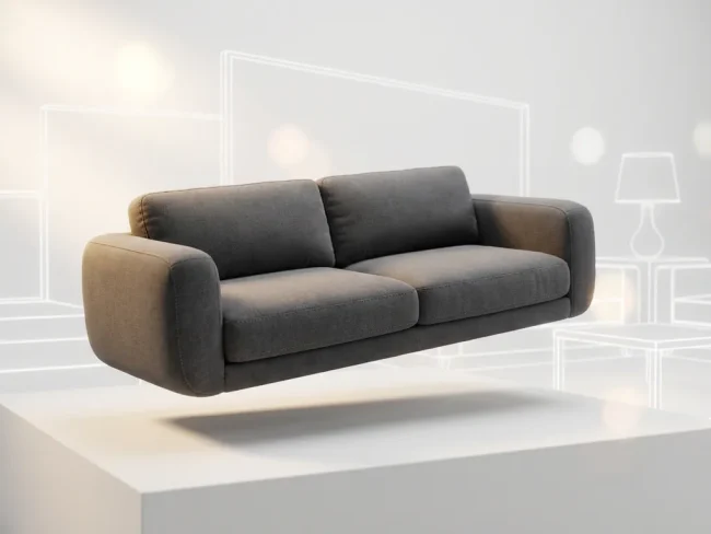 Modern sofa floating above white surface with soft shadow and subtle wireframe details in studio lighting