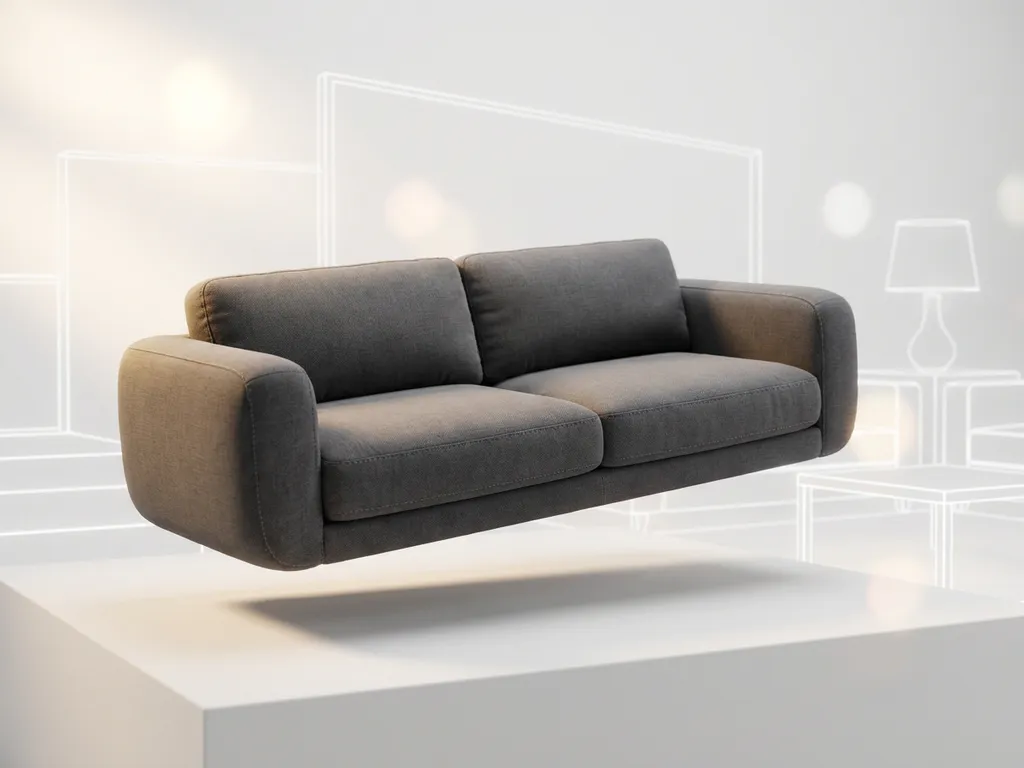 Modern sofa floating above white surface with soft shadow and subtle wireframe details in studio lighting
