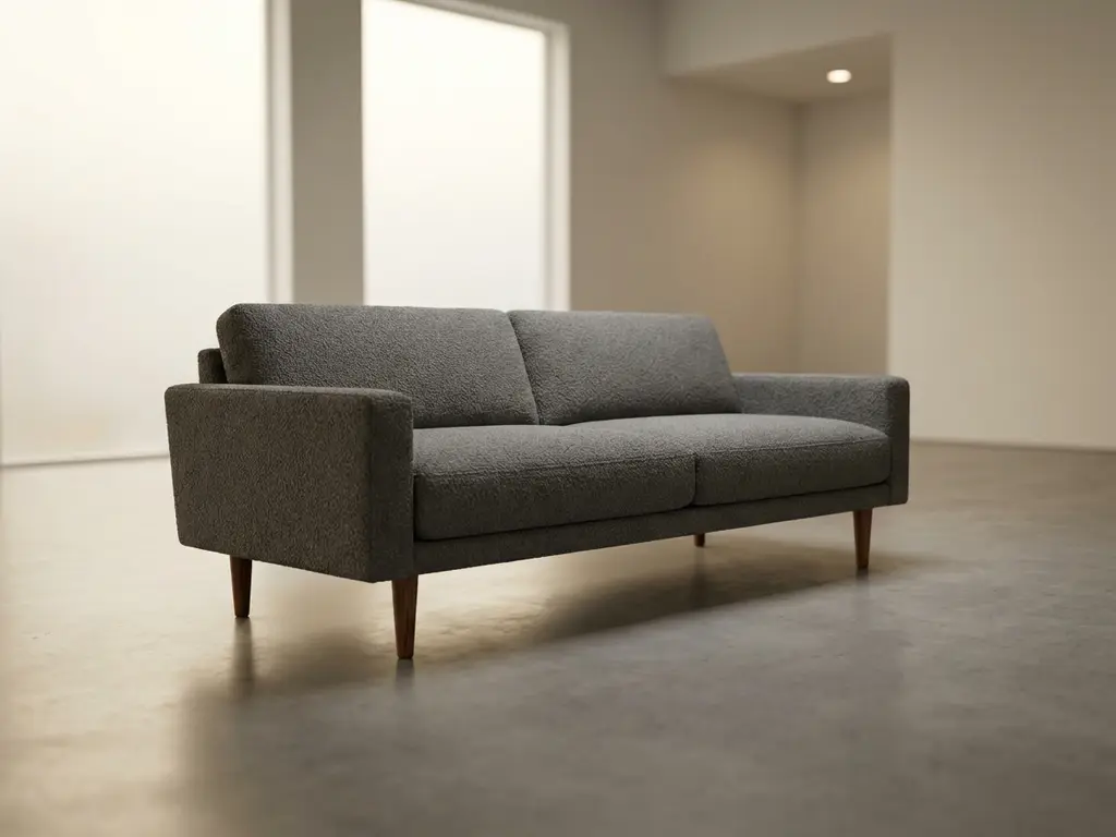 Modern 3D rendered sofa with wooden legs in minimalist showroom with concrete floors and ambient lighting