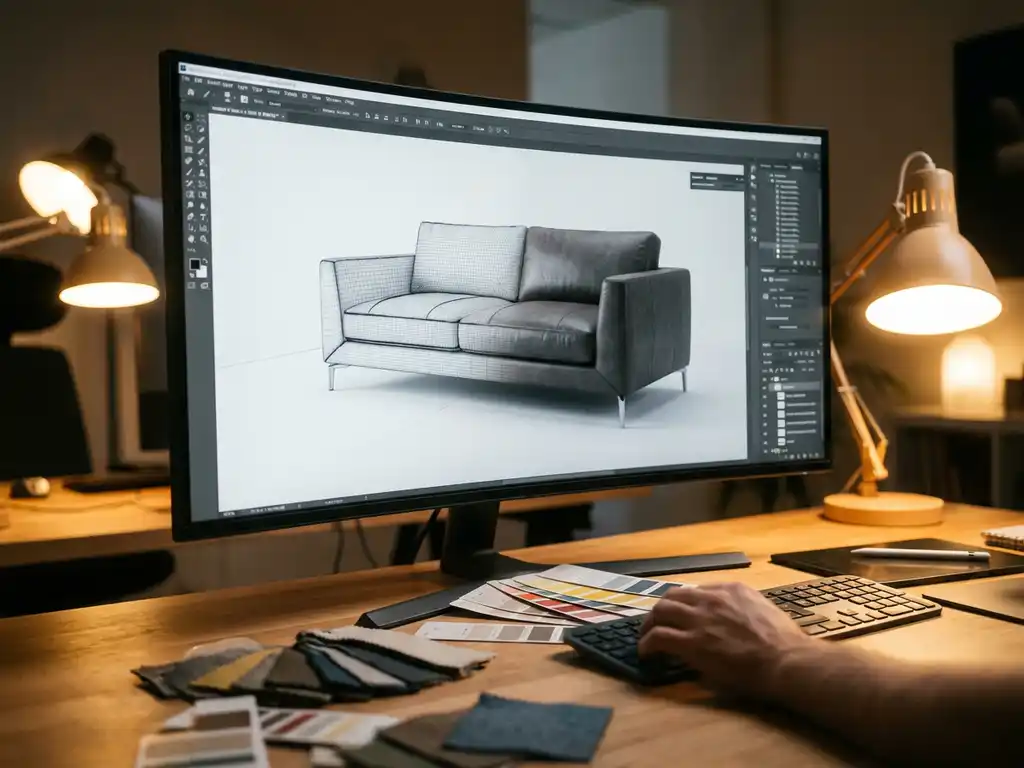 Modern sofa rendering on 4K monitor transforming from wireframe to photorealistic texture in designer workspace with fabric samples