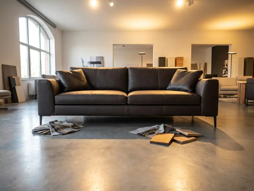 Modern leather sofa in elegant showroom with fabric swatches and furniture samples on polished concrete floor