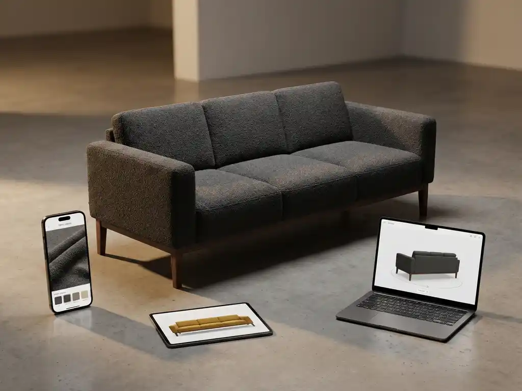 Modern 3D sofa in minimalist showroom with smartphone, tablet, and laptop displaying furniture customization options