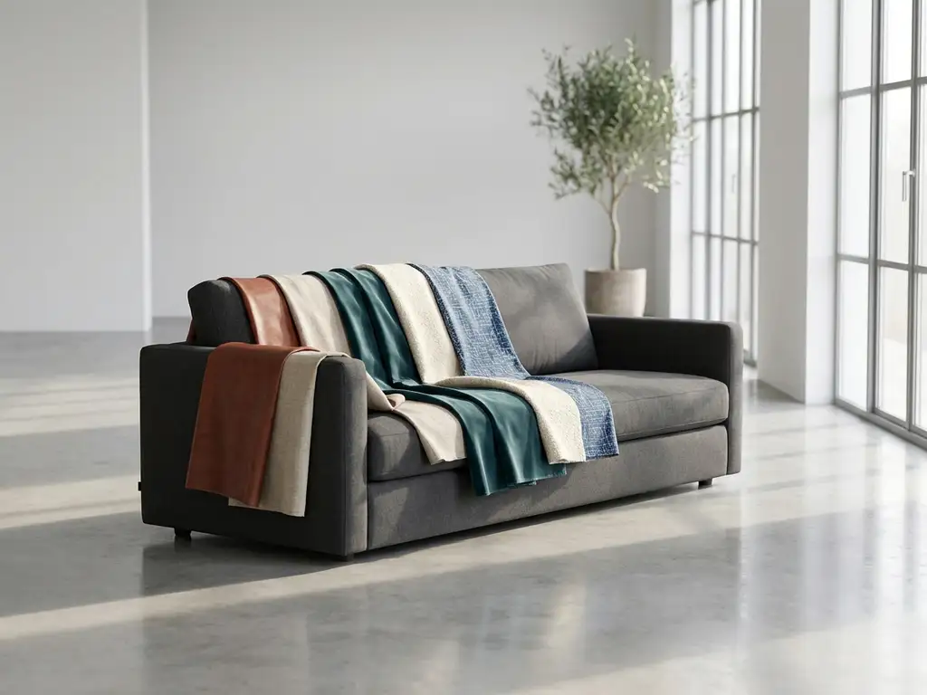 Modern sofa with fabric swatches in leather, linen, and velvet displayed in bright minimalist showroom with natural lighting.