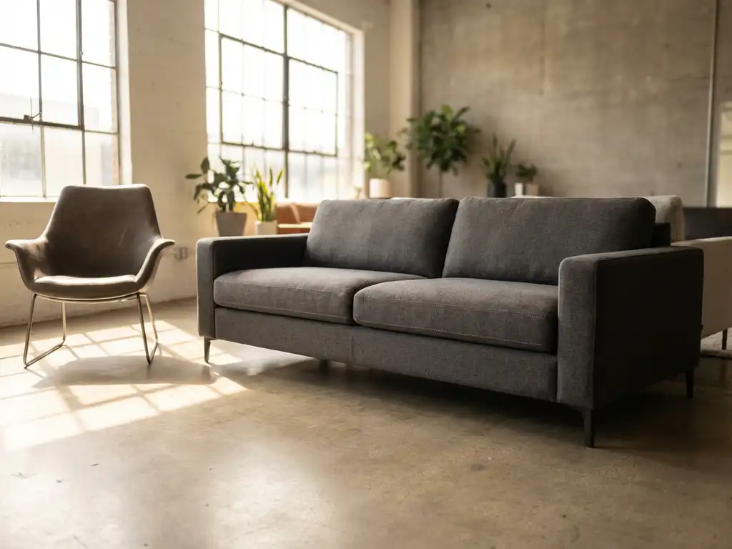 Modern sofa with detailed fabric stitching in minimalist showroom with designer chair, natural light, and concrete floors