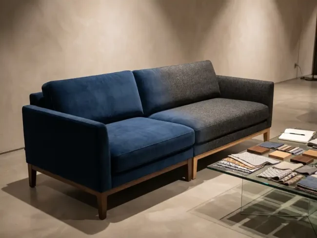 Modern sofa in showroom with fabric swatches and wood samples on glass table, customizable upholstery options visible