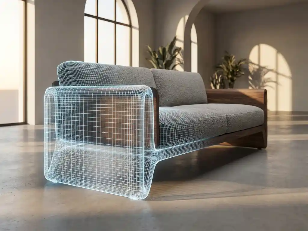 Modern sofa with translucent wireframe design elements in bright contemporary showroom with natural lighting