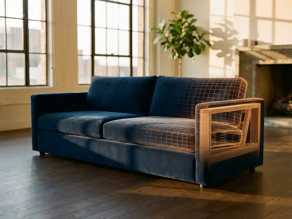 Navy blue velvet sofa with 3D wireframe overlay in elegant living room with golden sunlight and hardwood floors
