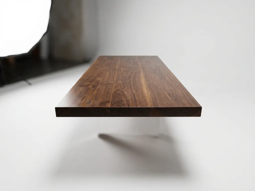 Modern walnut dining table with rich wood grain in white studio setting with soft lighting and shadows