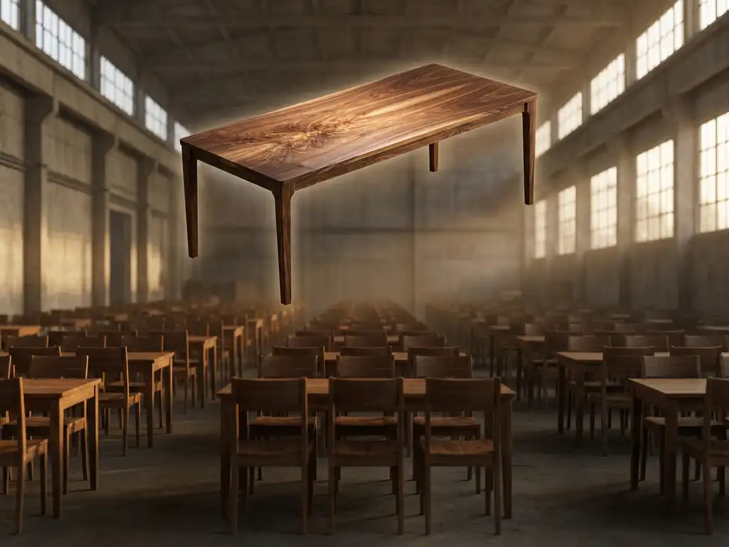 3D rendered wooden dining table floating above warehouse filled with mass-produced furniture, contrasting craftsmanship with production