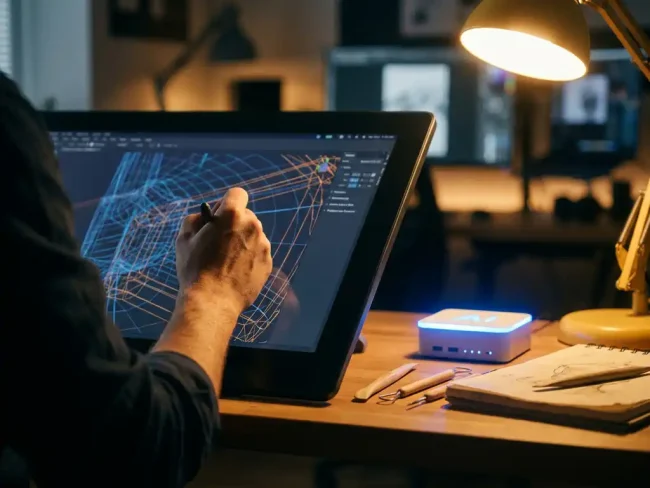 3D artist's hand adjusting wireframe model on monitor with AI processing unit and blue LEDs on desk beside modeling tools