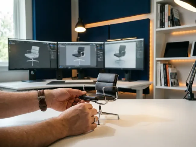 Professional 3D artist's hands positioning modern leather chair at workstation with multiple monitors displaying chair renderings from various angles
