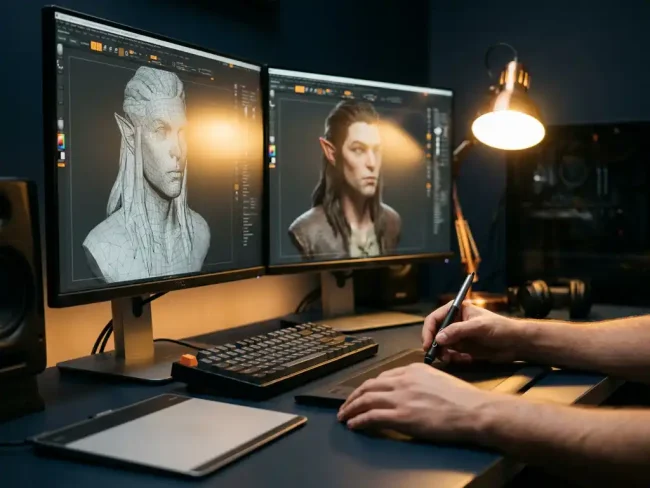 3D artist's hands sculpting digital character model on dual monitors showing wireframe and rendered versions at workstation