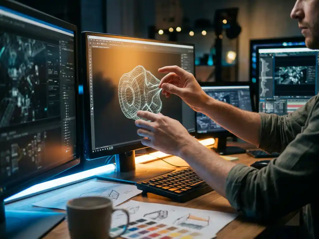 3D artist's hands adjusting wireframe model on multi-monitor workstation with texture maps, sketches, and professional modeling software