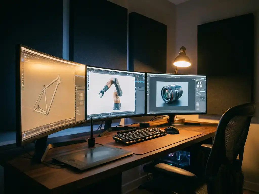 Professional 3D artist workspace with multiple monitors displaying product models, graphics tablet, stylus, and desk lamp on modern desk.