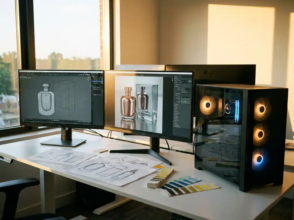 Professional 3D artist workstation with multiple monitors showing photorealistic product renderings, sketches and color swatches on white desk