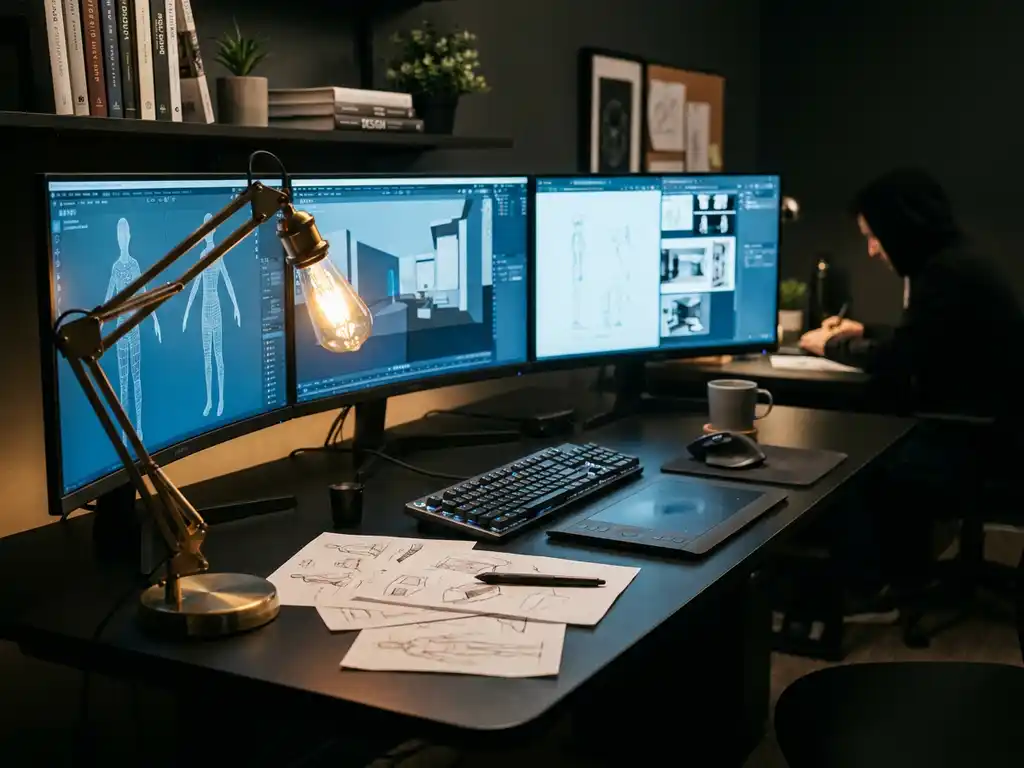 Professional 3D artist workstation with multiple monitors showing wireframe models, mechanical keyboard, mouse, and reference sketches under warm desk lamp lighting