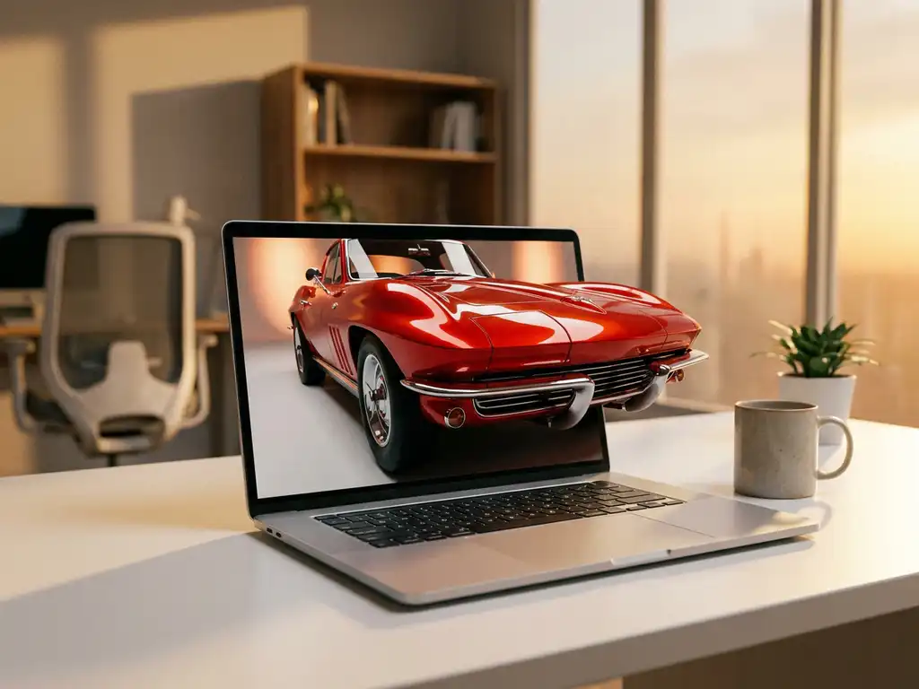 Modern laptop displaying 3D rendered sports car with chrome reflections on minimalist white desk in contemporary workspace