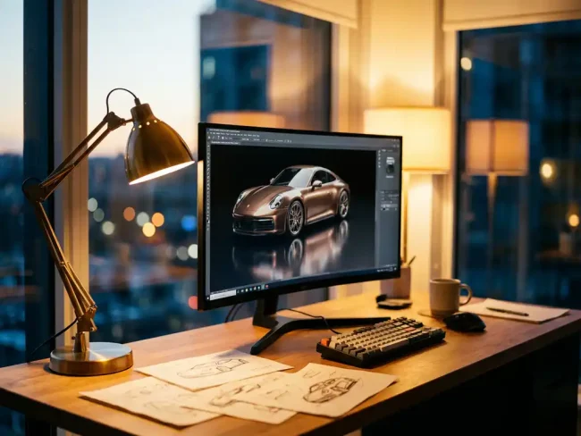 3D rendered sports car with metallic paint displayed on 4K monitor at modern workstation with design sketches and warm lighting