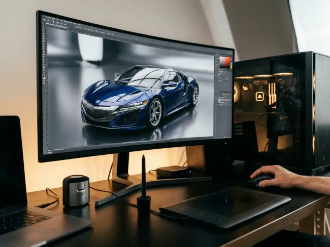3D rendered sports car with realistic paint reflections displayed on professional monitor surrounded by rendering hardware and color calibration tools