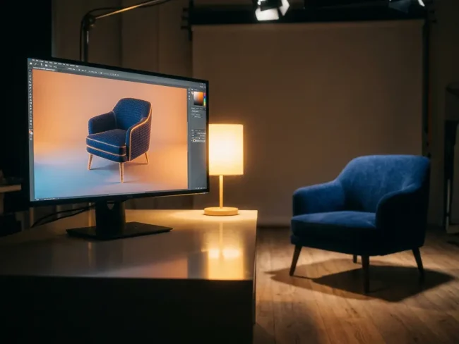 Modern navy blue chair displayed on computer monitor next to identical physical chair in warm studio lighting