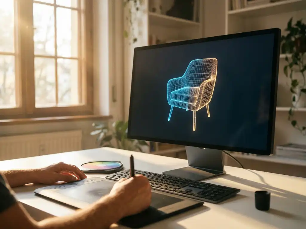 Computer monitor showing 3D wireframe chair model with graphics tablet, stylus, and calibration tools on white desk in warm afternoon light