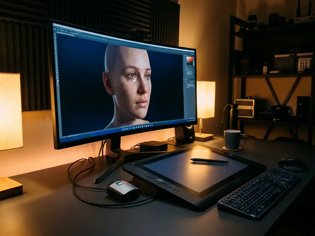3D character model with detailed facial features rotating on professional workstation monitor surrounded by graphics tablet and color calibration tools