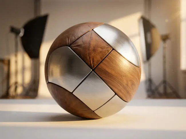 3D textured sphere with brushed metal, leather, and wood segments on white studio table under professional lighting
