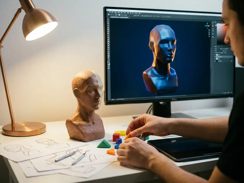 Beginner's hands positioning colorful geometric 3D objects on modern workspace with clay sculpture and digital render on monitor